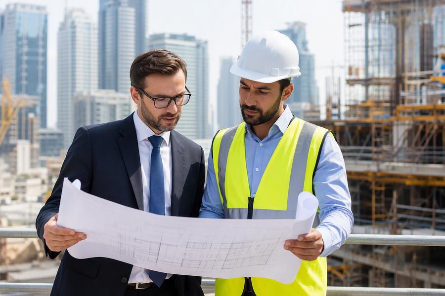 Engineers reviewing blueprints at a construction site
